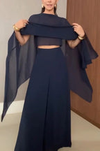 Veronica Chiffon Cape Flowing Top and Elastic Waist Wide-Leg Pants Set