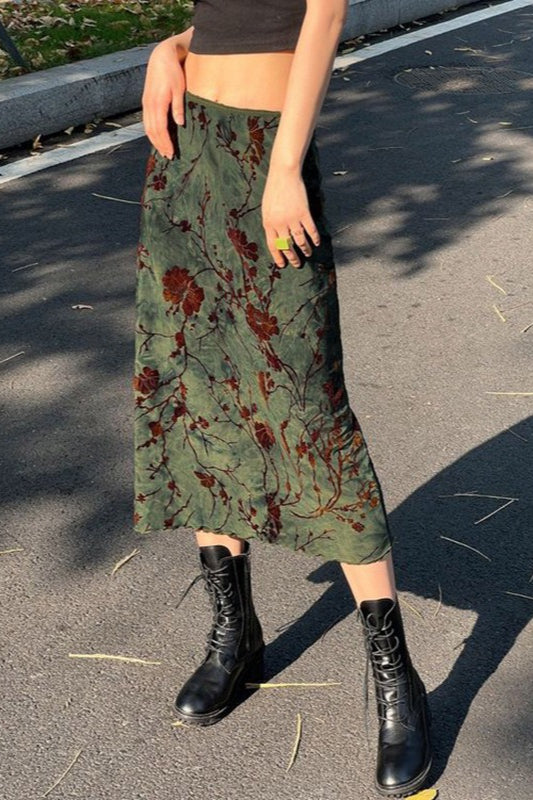 Floral Print Low Waist Color Block ALine Skirt