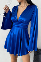 Solid Color V-neck Flared Long Sleeves Slim-fit Elegant Mini Dress