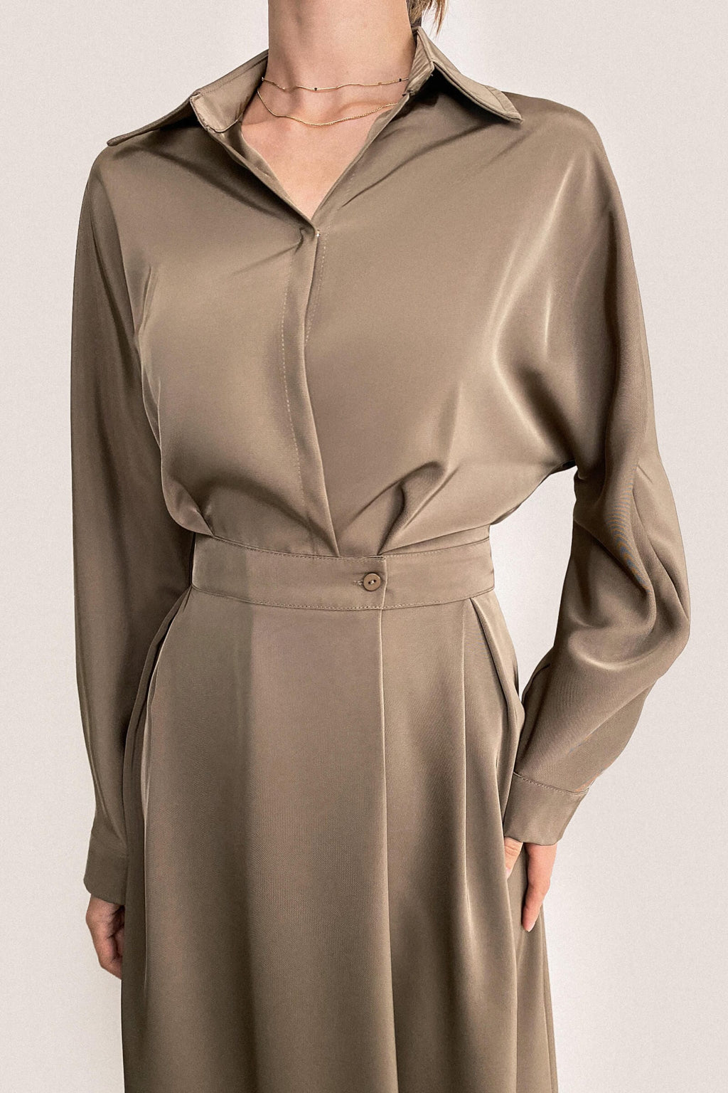 Brown Surplice Pleat Detail A-Line Maxi Shirt Dress