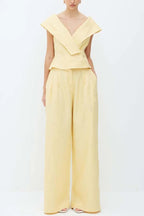 Velena Linen Blend Button Up Lapel Top and High Rise Pocket Wide Leg Pants Set