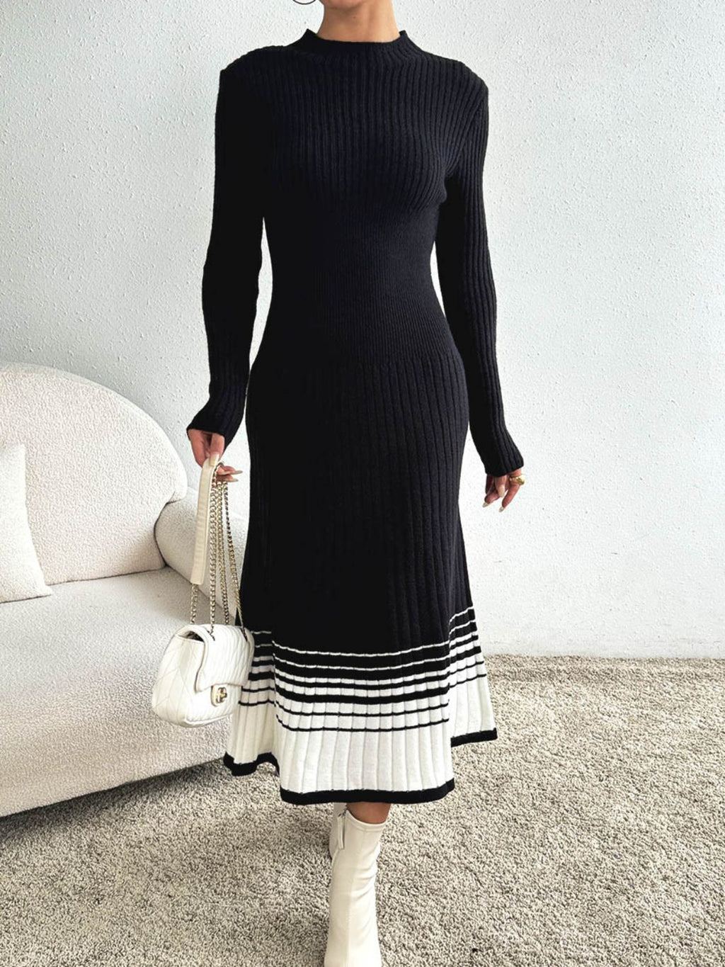 Cristina Contrasting Colored Sweater Relaxed Dress with Premium Casual Styling