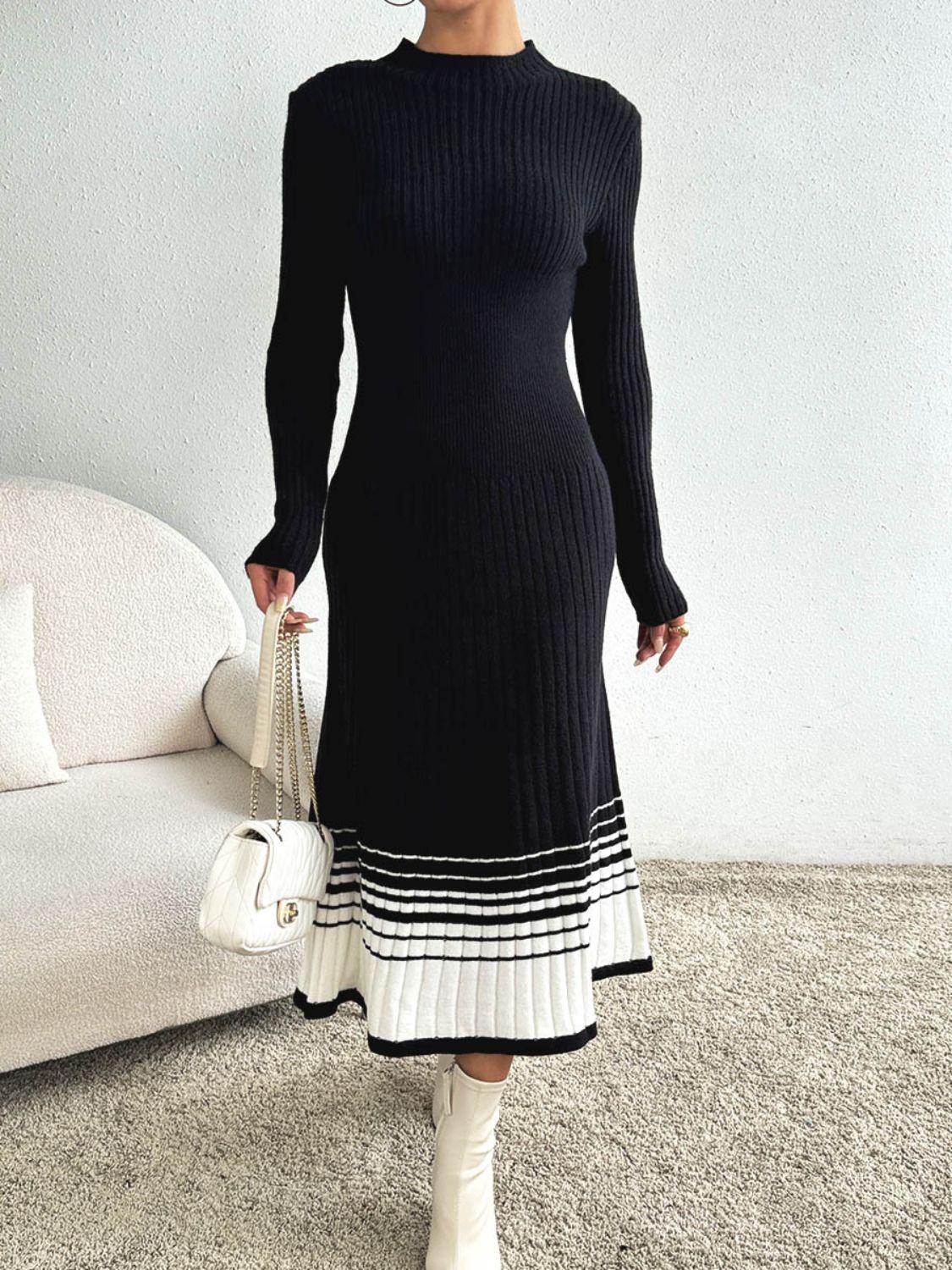 Cristina Contrasting Colored Sweater Relaxed Dress with Premium Casual Styling