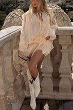 Ninah Glitter Fabric Pleated Balloon Sleeve Tiered Ruffle Hem Mini Dress