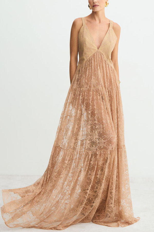 Carissa Floral Lace V-neck Wide Shoulder Straps A-line Maxi Dress