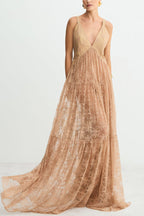 Carissa Floral Lace V-neck Wide Shoulder Straps A-line Maxi Dress