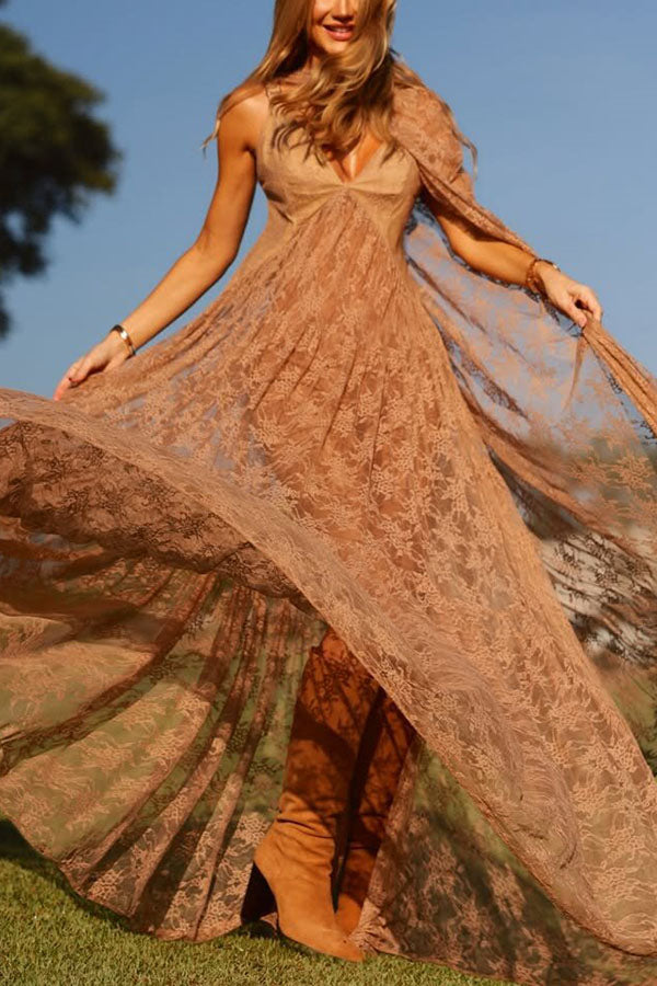 Carissa Floral Lace V-neck Wide Shoulder Straps A-line Maxi Dress