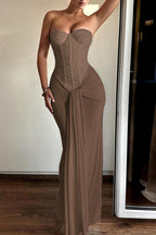 Ribbon Strapless Corset Maxi Evening Prom Dress
