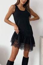 Breezy City Tulle Lace Tiered Hem Stretch Tank Mini Dress