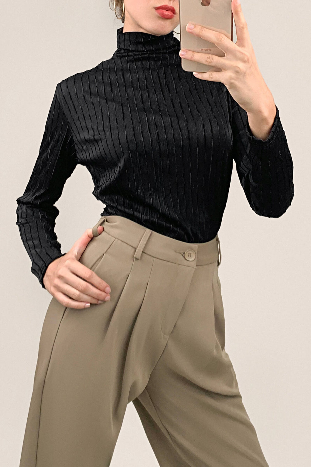 Black Textured Striped Turtleneck Top