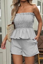 Casual Minimalist stripe Tube Ruffle Shorts Two Piece Set