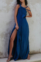 Khloe Linen Blend One Shoulder Draped Braids Cover Up Maxi Dress
