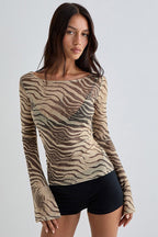 Zebra Print Mesh Sheer Flared-Sleeve Blouse