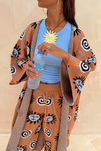 Mediterranean Art Knit Unique Sun Vortex Print Bell Sleeve Long Cardigan