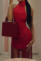 Solid Halter Backless Fringe Sexy Boho Dress