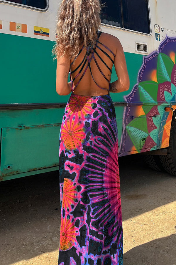La Bamba Tie-dye Print Back Lace-up Stretch Maxi Dressï¼_ith built-in braï¼