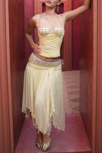 Romantic Sunset Chiffon Mid Rise Crystals & Beads Waistband Layered Midi Skirt