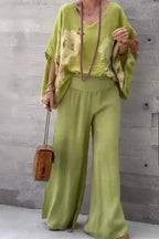 V-neck cotton and linen printed top and trousers casual suit