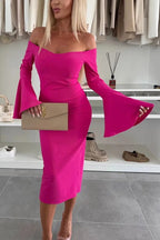 Solid Color Sexy Off-shoulder Trumpet Sleeve Slim Midi Dress