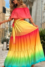Joyelle Gradient Print Off Shoulder Tie-up Vacation Maxi Dress