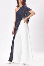 Party Favors Sequin One Shoulder Ruffle Detail Wide Leg Evening Jumpsuit