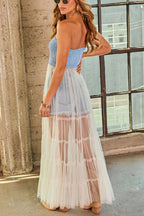 Leannie Smocked Denim Tulle Hem Strapless Midi Top