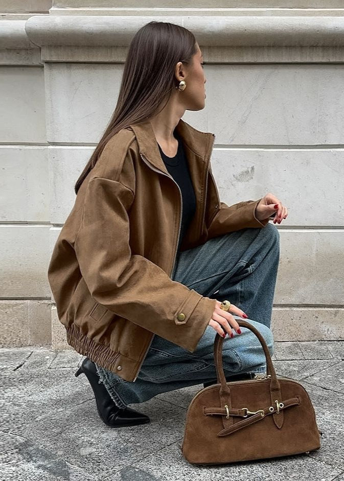 Sienna Faux Suede Bomber Jacket – Oversized Zip-Up with Drop Shoulders