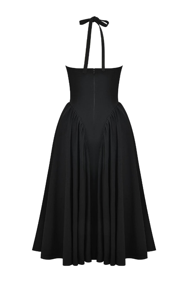 Lilly Timeless Solid a Line Halter Midi Dresses with Deep V Neck Boutique Dress Collection