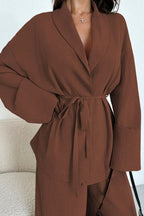 Solid Color Collared Long-sleeved Tie-waist Loose Top and Elastic Waist Casual Wide-leg Pants Set