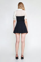 Black Contrast Mesh Puff Sleeve Polo Collar Blouse