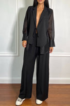Mesh Tie Waist Wide Leg Pants Blazer