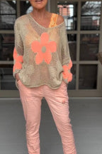 Floral Knitted Hollow V-neck Shirt Floral Mesh Sweater