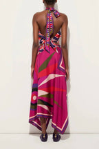 Retro Geometric Print Halter Open-Back Asymmetrical Two-piece Skirt Set
