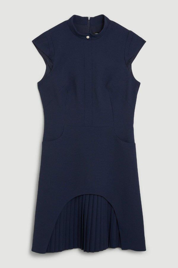 Ariana Chic Military Style Mini Dress with Cap Sleeves, Stand Up Collar and Patchwork Pleated Hem Silhouette Collection