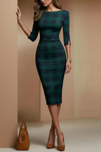 Plaid Print Half Sleeves Fitted Elegant Midi Dress