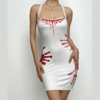 Contrast palm pattern halter backless slit mini dress