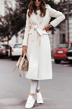Simple Long-sleeved V-neck Tie Woolen Coat