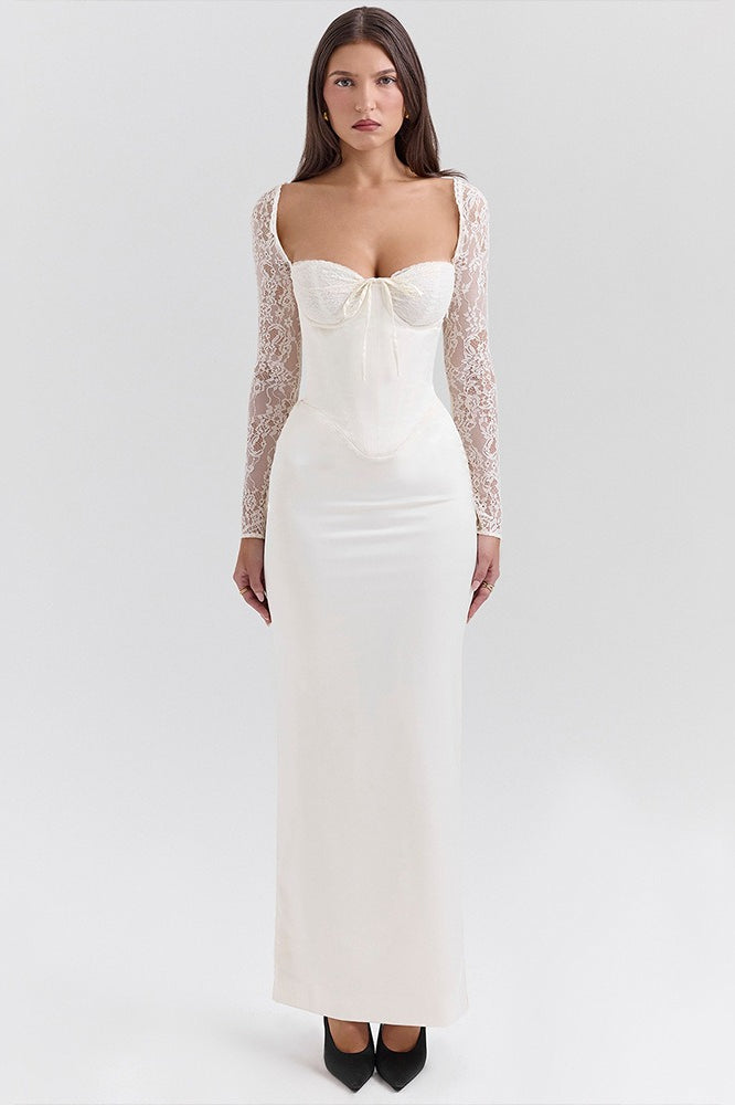 Long Sleeve Lace Satin Maxi Dress