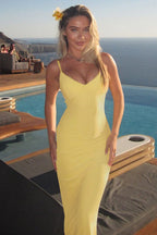 Yellow V Neck Slim Fit Vacation Dress