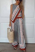 Gracie Unique Print Knotted Scarf Top and Elastic Waist Pocketed Loose Pants Set