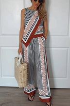 Gracie Unique Print Knotted Scarf Top and Elastic Waist Pocketed Loose Pants Set