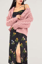 Dark Salmon Cable-Knit Button-Up Cardigan