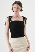 Polka Dot Halter Cropped Ruched Tie Front Tank Top