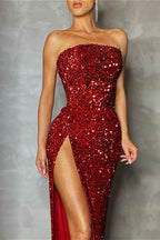 Sequin High Slit Strapless Off-Shoulder Party Dress