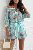 Fiorito Chiffon Floral Print Off Shoulder Top and Elastic Waist Tie-up Loose Shorts Set
