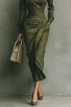 Solid Color Lapel Long Sleeve Pocket Slim-fit Asymmetrical Midi Dress