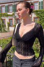 V-Neck Long Sleeve Lace Trim Crop Top