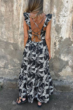 Elegant Hollow Tie Feather Print Ruffle Sleeve Maxi Dress