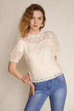 Ivory Floral Lace Round Neck Puff Sleeve Blouse