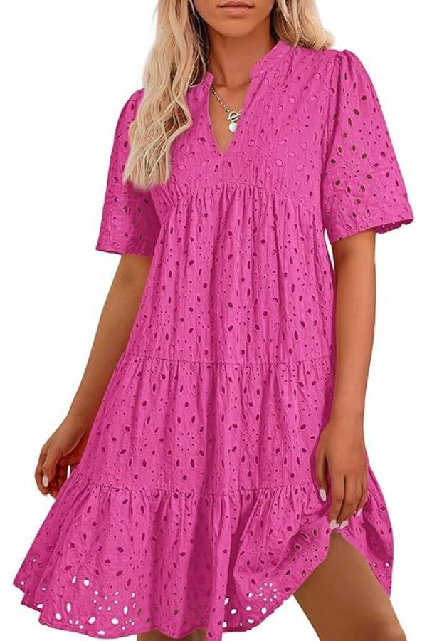 Women's V Neck Short Sleeve Hollow Out Mini Vacation Dress
